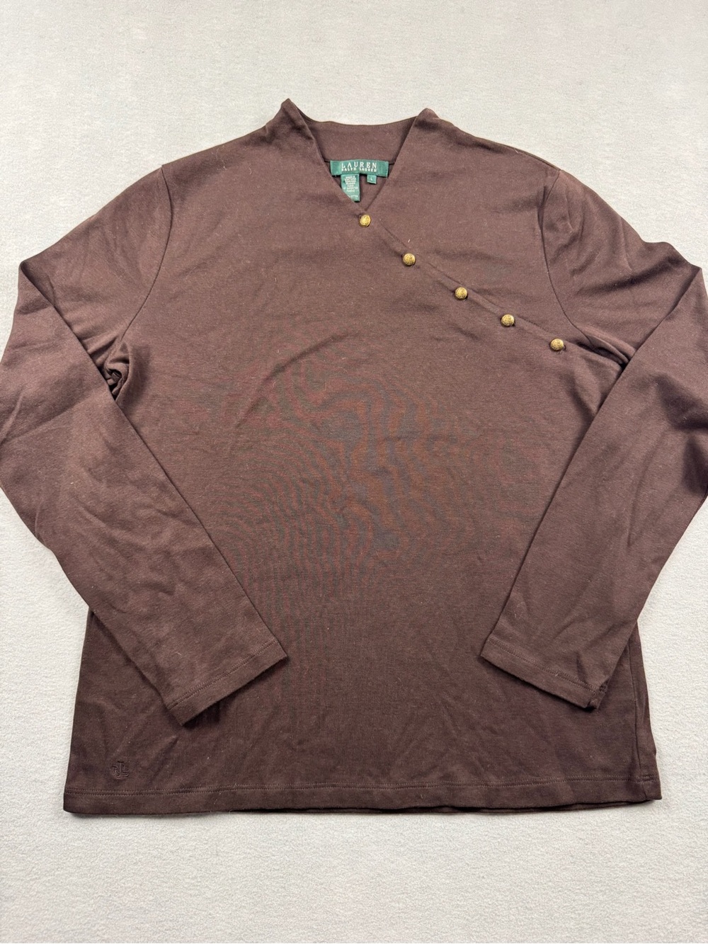VTG Lauren Ralph Lauren Women Large Cotton Longsleeve Brown Asymmetrical Buttons